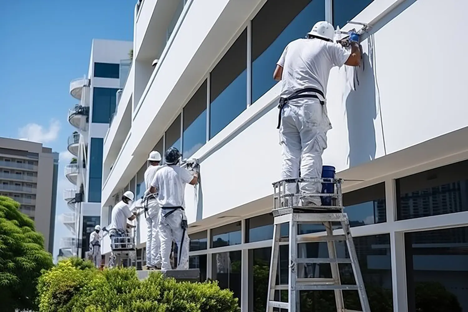 Commercial painters working on a building exterior, showing what to expect during a commercial painting project in progress