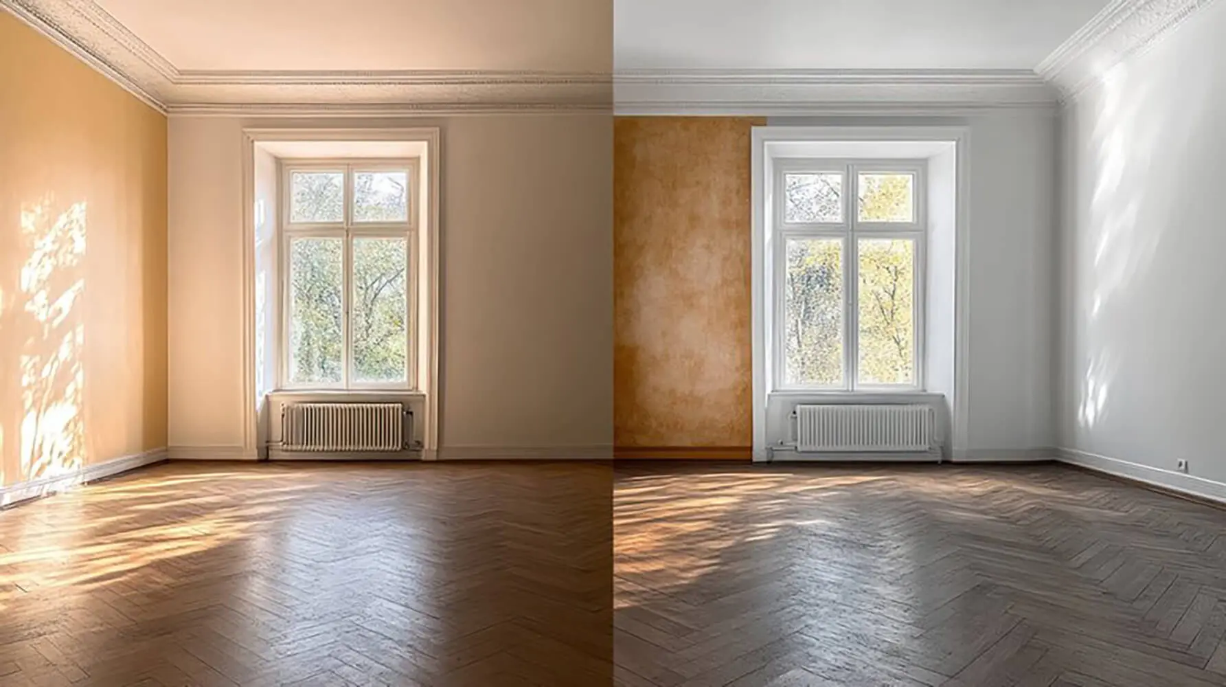 How often should you repaint the interior of a home shown through a side-by-side comparison of worn paint versus freshly repainted interior walls in a living room