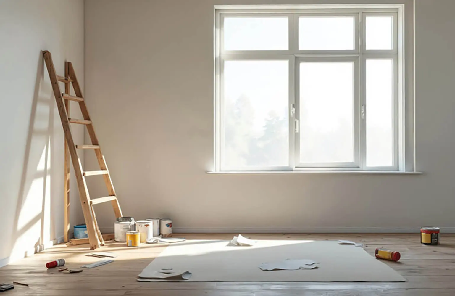 Interior painting project in progress showing prepped walls, ladder, and paint supplies, illustrating how long does an interior painting project take