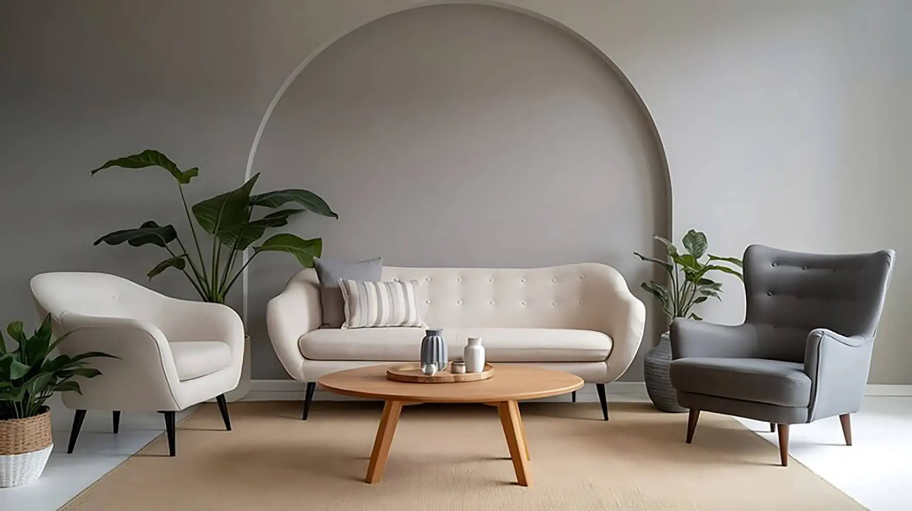 Modern living room with neutral tones, arched accent wall, and fresh paint showing is winter a good time for interior painting in a Florida home