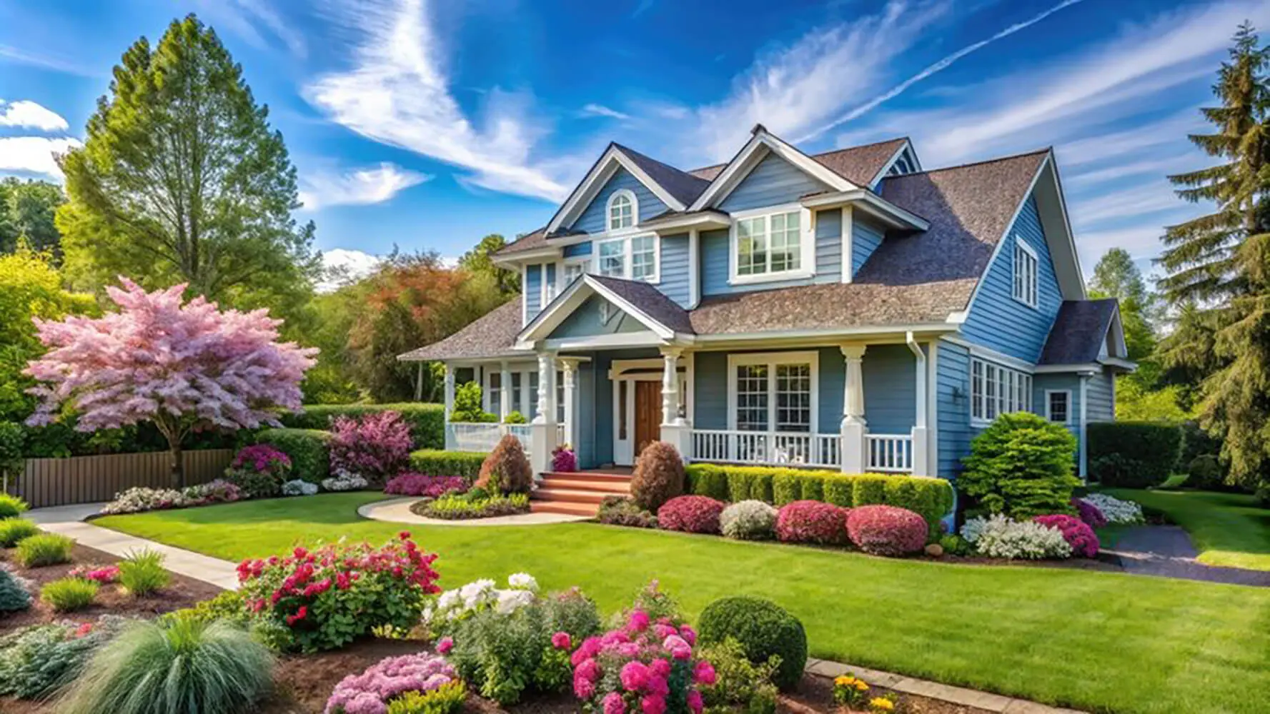 Freshly painted blue home with manicured landscaping, illustrating what to expect during exterior painting preparation