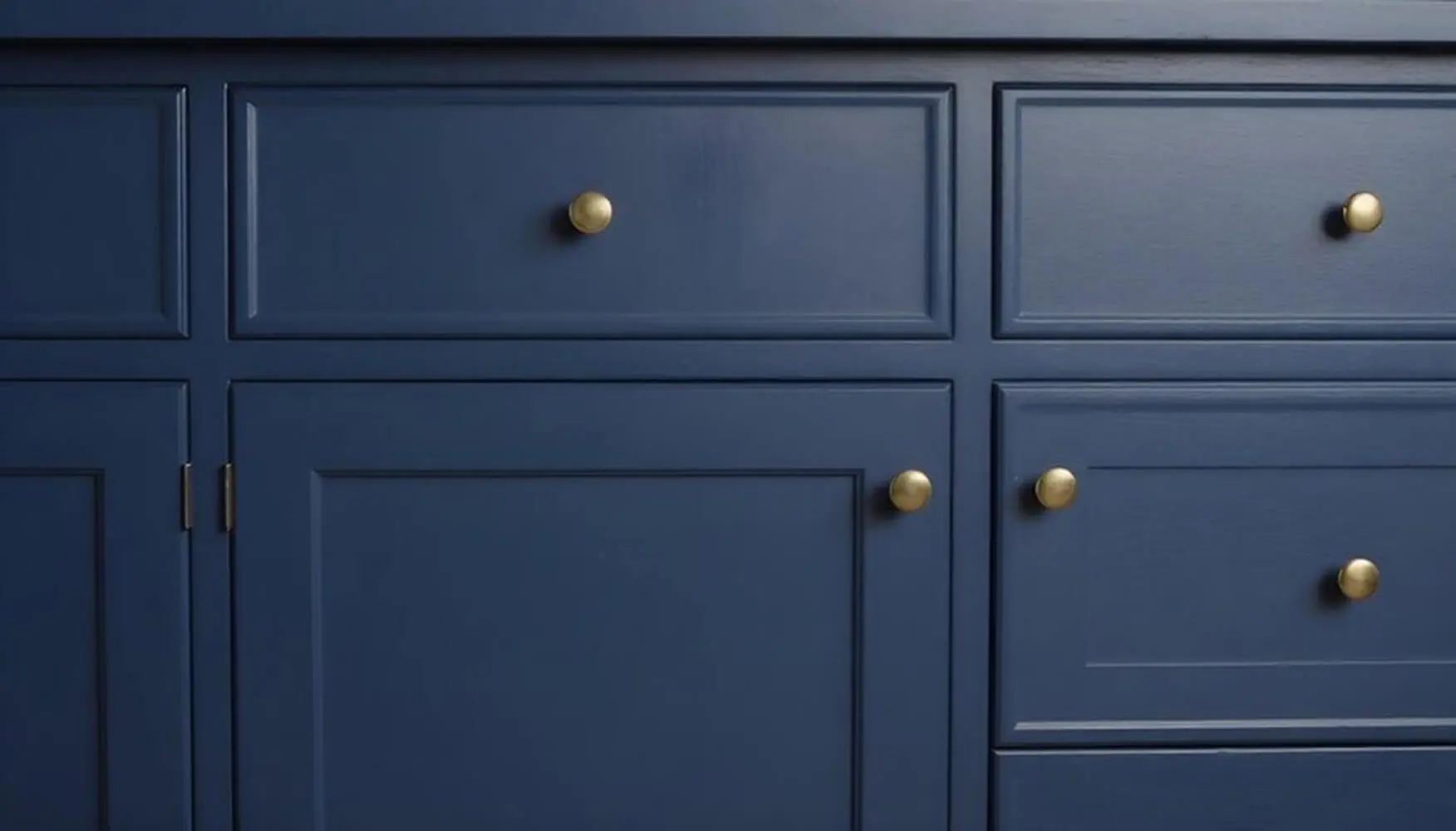 Freshly painted navy blue kitchen cabinets with brass hardware showcasing cabinet painting vs cabinet refacing results