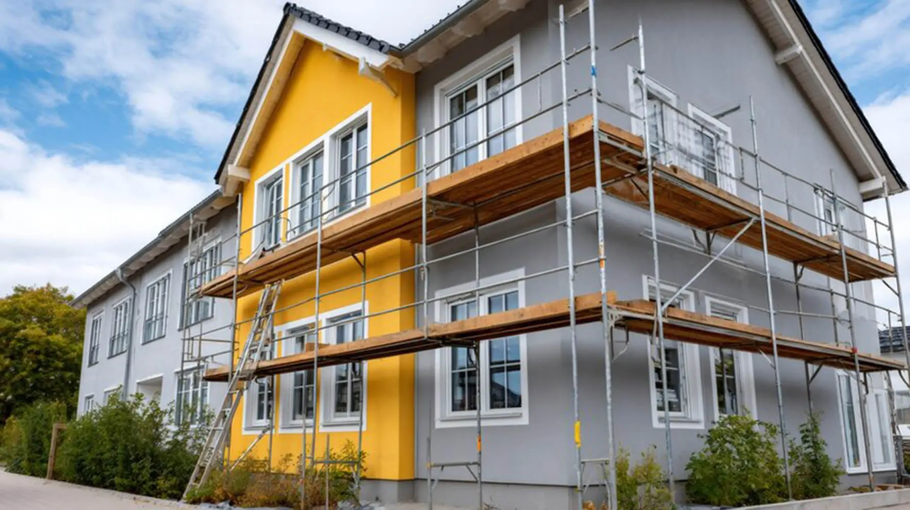 Exterior home with scaffolding in place showing how exterior painting projects are planned and executed on a two-story property